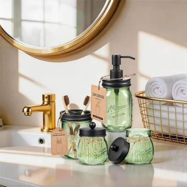 Alt view image 2 of 7 - 4PCS Bathroom Accessories Set (Lotion Soap Dispenser, Toothbrush Holder, 2 Qtip Holders), Rustic Farmhouse Decor, Green Glass Organizer for Countertop & Vanity, Bathroom Essentials, Black