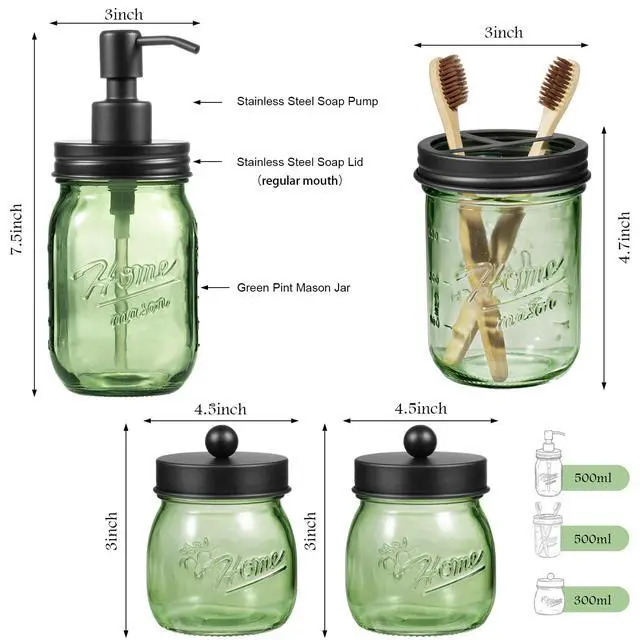 Alt view image 3 of 7 - 4PCS Bathroom Accessories Set (Lotion Soap Dispenser, Toothbrush Holder, 2 Qtip Holders), Rustic Farmhouse Decor, Green Glass Organizer for Countertop & Vanity, Bathroom Essentials, Black