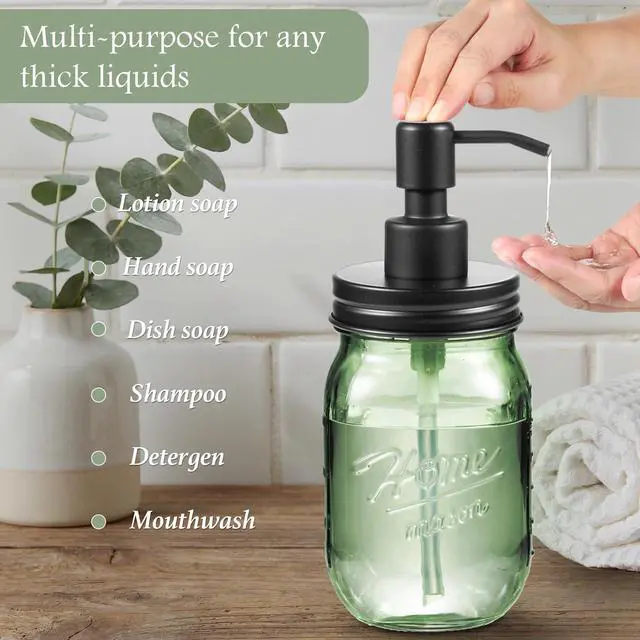 Alt view image 4 of 7 - 4PCS Bathroom Accessories Set (Lotion Soap Dispenser, Toothbrush Holder, 2 Qtip Holders), Rustic Farmhouse Decor, Green Glass Organizer for Countertop & Vanity, Bathroom Essentials, Black