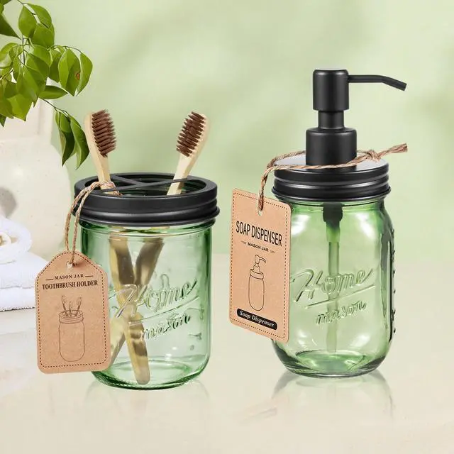 Alt view image 6 of 7 - 4PCS Bathroom Accessories Set (Lotion Soap Dispenser, Toothbrush Holder, 2 Qtip Holders), Rustic Farmhouse Decor, Green Glass Organizer for Countertop & Vanity, Bathroom Essentials, Black