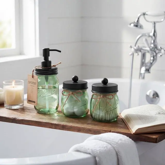 Alt view image 7 of 7 - 4PCS Bathroom Accessories Set (Lotion Soap Dispenser, Toothbrush Holder, 2 Qtip Holders), Rustic Farmhouse Decor, Green Glass Organizer for Countertop & Vanity, Bathroom Essentials, Black