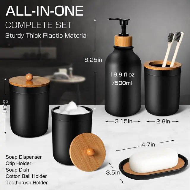 Alt view image 2 of 7 - Black Bathroom Accessories Set 5 Pcs, Matte Black Bathroom Accessories, Plastic Soap Dispenser and Toothbrush Holder Set, Soap Dish, Cotton Swab Jar, Black Bathroom Set, Boho Bathroom Decor
