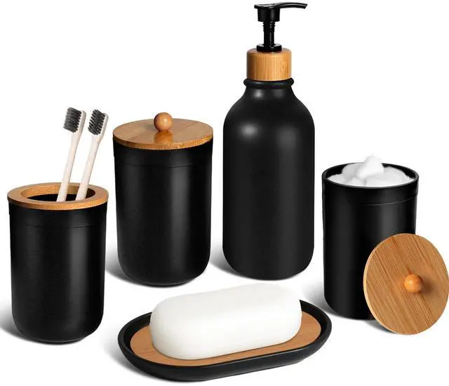 Main image of Black Bathroom Accessories Set 5 Pcs, Matte Black Bathroom Accessories, Plastic Soap Dispenser and Toothbrush Holder Set, Soap Dish, Cotton Swab Jar, Black Bathroom Set, Boho Bathroom Decor