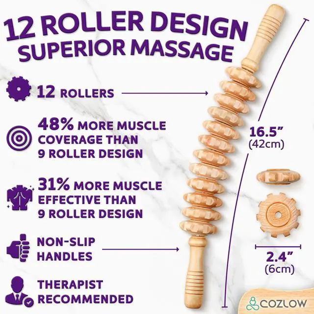 Alt view image 2 of 7 - Wooden Massage Roller Stick (12 Rollers) - Curved Wood Therapy Massage Tool for Body Sculpting, Fascia Release & Lymphatic Drainage - Maderotherapy Helps Reduce Cellulite Appearance