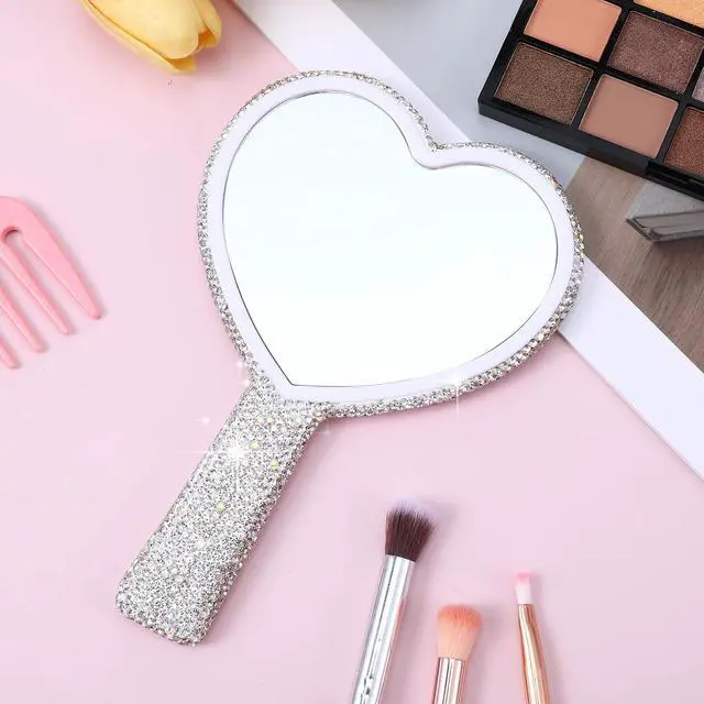 Alt view image 4 of 7 - Rhinestone Heart Shaped Handheld Mirror - Sparkling Cosmetic Mirror with Handle, Portable for Travel, Wedding & Daily Makeup Application, Silver