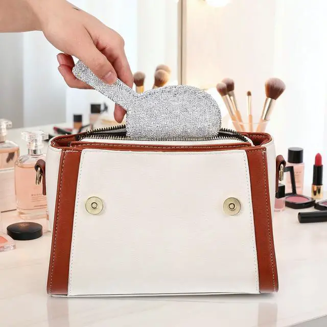 Alt view image 6 of 7 - Rhinestone Heart Shaped Handheld Mirror - Sparkling Cosmetic Mirror with Handle, Portable for Travel, Wedding & Daily Makeup Application, Silver