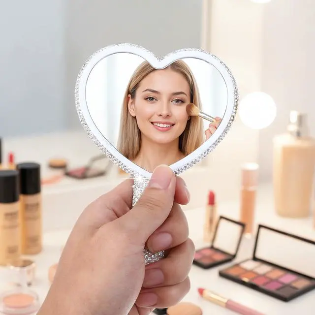Alt view image 7 of 7 - Rhinestone Heart Shaped Handheld Mirror - Sparkling Cosmetic Mirror with Handle, Portable for Travel, Wedding & Daily Makeup Application, Silver