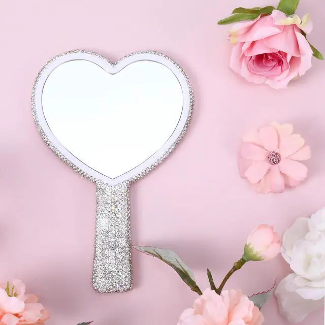 Alt view image 3 of 7 - Rhinestone Heart Shaped Handheld Mirror - Sparkling Cosmetic Mirror with Handle, Portable for Travel, Wedding & Daily Makeup Application, Silver