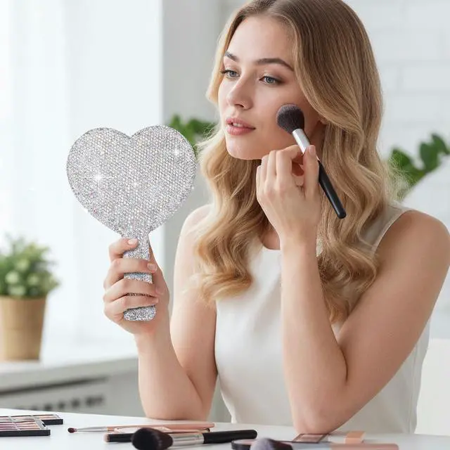 Alt view image 5 of 7 - Rhinestone Heart Shaped Handheld Mirror - Sparkling Cosmetic Mirror with Handle, Portable for Travel, Wedding & Daily Makeup Application, Silver