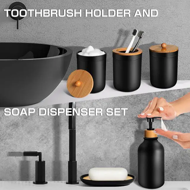 Alt view image 4 of 7 - Black Bathroom Accessories Set 5 Pcs, Matte Black Bathroom Accessories, Plastic Soap Dispenser and Toothbrush Holder Set, Soap Dish, Cotton Swab Jar, Black Bathroom Set, Boho Bathroom Decor
