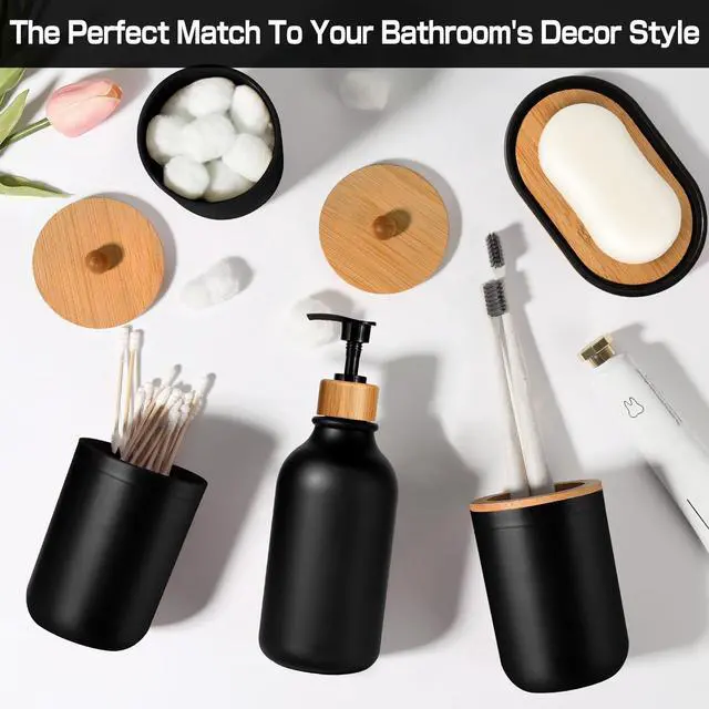 Alt view image 5 of 7 - Black Bathroom Accessories Set 5 Pcs, Matte Black Bathroom Accessories, Plastic Soap Dispenser and Toothbrush Holder Set, Soap Dish, Cotton Swab Jar, Black Bathroom Set, Boho Bathroom Decor