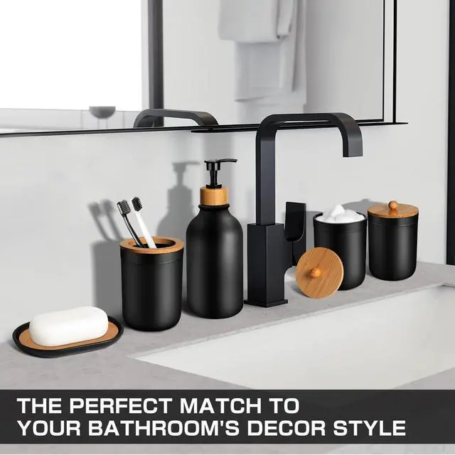 Alt view image 7 of 7 - Black Bathroom Accessories Set 5 Pcs, Matte Black Bathroom Accessories, Plastic Soap Dispenser and Toothbrush Holder Set, Soap Dish, Cotton Swab Jar, Black Bathroom Set, Boho Bathroom Decor