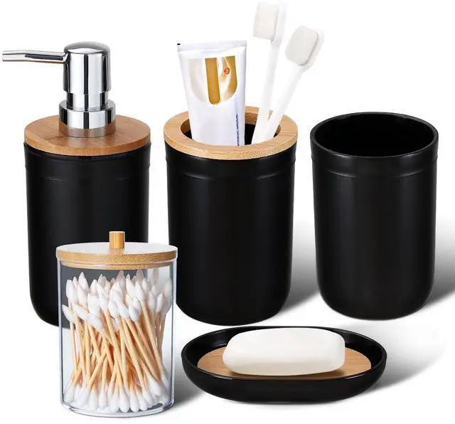 Main image of Bathroom Accessories Set 5Piece Black Bathroom Sets, Toothbrush Holder, Toothbrush Cup, Lotion Soap Dispenser, Soap Dish and Qtip Holder Bathroom Decor