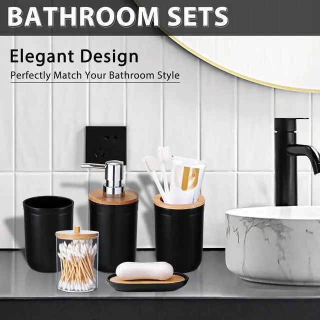 Alt view image 2 of 7 - Bathroom Accessories Set 5Piece Black Bathroom Sets, Toothbrush Holder, Toothbrush Cup, Lotion Soap Dispenser, Soap Dish and Qtip Holder Bathroom Decor