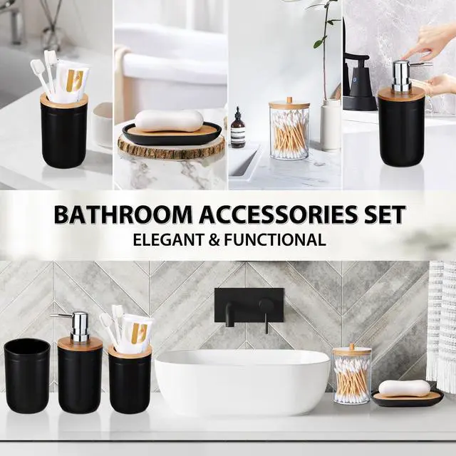 Alt view image 4 of 7 - Bathroom Accessories Set 5Piece Black Bathroom Sets, Toothbrush Holder, Toothbrush Cup, Lotion Soap Dispenser, Soap Dish and Qtip Holder Bathroom Decor