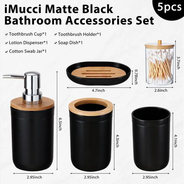 Alt view image 5 of 7 - Bathroom Accessories Set 5Piece Black Bathroom Sets, Toothbrush Holder, Toothbrush Cup, Lotion Soap Dispenser, Soap Dish and Qtip Holder Bathroom Decor