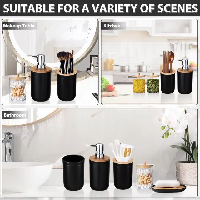Alt view image 6 of 7 - Bathroom Accessories Set 5Piece Black Bathroom Sets, Toothbrush Holder, Toothbrush Cup, Lotion Soap Dispenser, Soap Dish and Qtip Holder Bathroom Decor