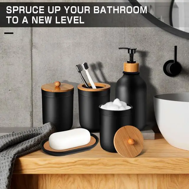 Alt view image 6 of 7 - Black Bathroom Accessories Set 5 Pcs, Matte Black Bathroom Accessories, Plastic Soap Dispenser and Toothbrush Holder Set, Soap Dish, Cotton Swab Jar, Black Bathroom Set, Boho Bathroom Decor