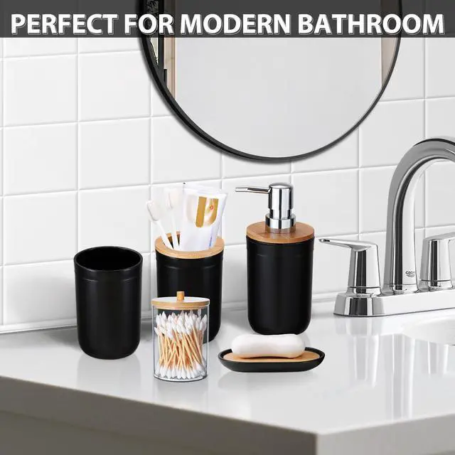 Alt view image 7 of 7 - Bathroom Accessories Set 5Piece Black Bathroom Sets, Toothbrush Holder, Toothbrush Cup, Lotion Soap Dispenser, Soap Dish and Qtip Holder Bathroom Decor