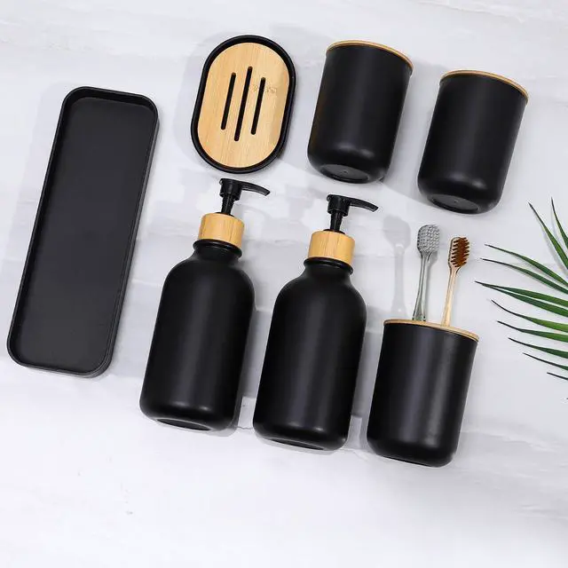 Alt view image 4 of 7 - Matte Black Bathroom Accessories Set 7 Pcs,Bamboo Bathroom Accessories Sets,Black Soap Dispenser and Toothbrush Holder Set,Qtip Holder,Vanity Tray,Soap Dish,Modern Bathroom Decor