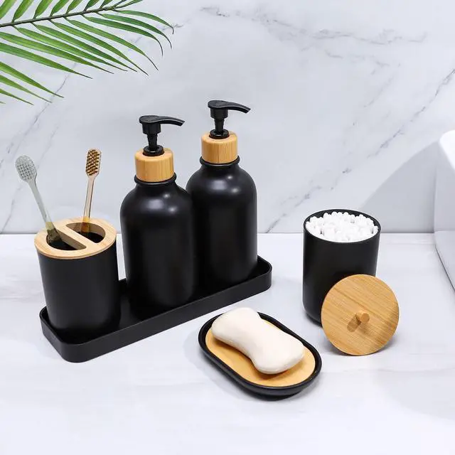 Alt view image 5 of 7 - Matte Black Bathroom Accessories Set 7 Pcs,Bamboo Bathroom Accessories Sets,Black Soap Dispenser and Toothbrush Holder Set,Qtip Holder,Vanity Tray,Soap Dish,Modern Bathroom Decor