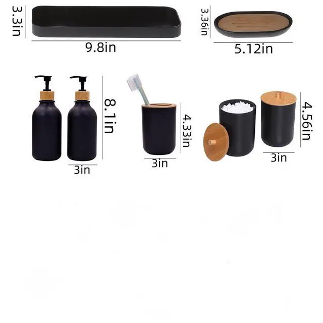 Alt view image 7 of 7 - Matte Black Bathroom Accessories Set 7 Pcs,Bamboo Bathroom Accessories Sets,Black Soap Dispenser and Toothbrush Holder Set,Qtip Holder,Vanity Tray,Soap Dish,Modern Bathroom Decor