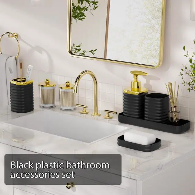 Alt view image 2 of 7 - Bathroom Accessory Set - Gorgeous Bathroom Set, 7PC Black Bathroom Accessories Set, Soap Dispenser, Toothbrush Holder, Qtip Holder Set, Bathroom Accessories Sets Complete for Home