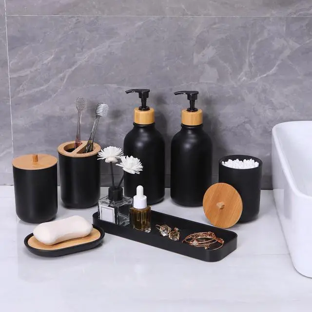 Alt view image 2 of 7 - Matte Black Bathroom Accessories Set 7 Pcs,Bamboo Bathroom Accessories Sets,Black Soap Dispenser and Toothbrush Holder Set,Qtip Holder,Vanity Tray,Soap Dish,Modern Bathroom Decor