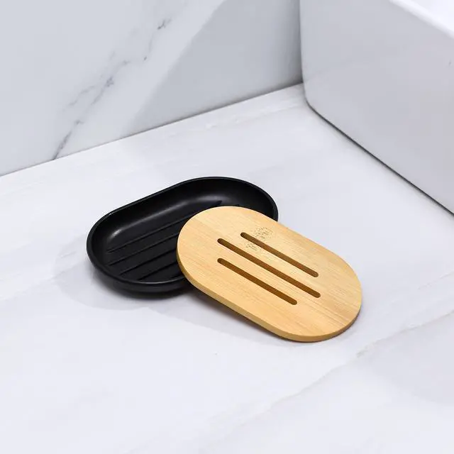 Alt view image 6 of 7 - Matte Black Bathroom Accessories Set 7 Pcs,Bamboo Bathroom Accessories Sets,Black Soap Dispenser and Toothbrush Holder Set,Qtip Holder,Vanity Tray,Soap Dish,Modern Bathroom Decor