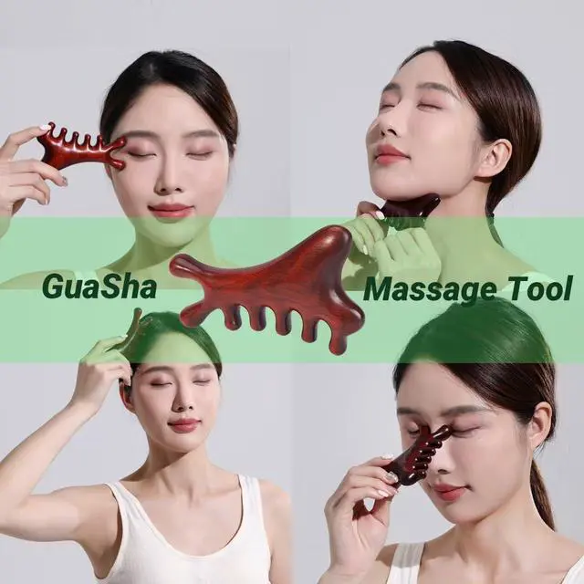 Alt view image 3 of 7 - 4-in-1 Wooden Gua Sha Massage Tool,2Pcs Natural Brown Sandalwood, Face & Body Lymphatic Drainage, Jaw Lifting, Head Massage Comb for Head,Face,Eye,Neck & Body Meridian