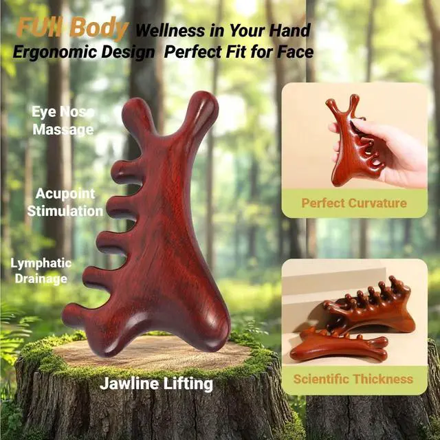 Alt view image 2 of 7 - 4-in-1 Wooden Gua Sha Massage Tool,2Pcs Natural Brown Sandalwood, Face & Body Lymphatic Drainage, Jaw Lifting, Head Massage Comb for Head,Face,Eye,Neck & Body Meridian