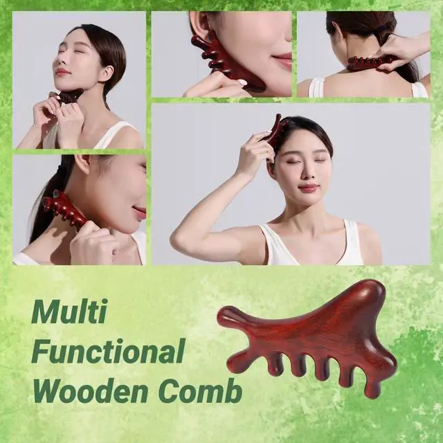 Alt view image 4 of 7 - 4-in-1 Wooden Gua Sha Massage Tool,2Pcs Natural Brown Sandalwood, Face & Body Lymphatic Drainage, Jaw Lifting, Head Massage Comb for Head,Face,Eye,Neck & Body Meridian