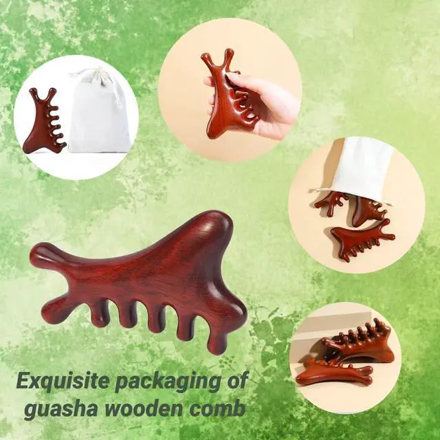 Alt view image 5 of 7 - 4-in-1 Wooden Gua Sha Massage Tool,2Pcs Natural Brown Sandalwood, Face & Body Lymphatic Drainage, Jaw Lifting, Head Massage Comb for Head,Face,Eye,Neck & Body Meridian