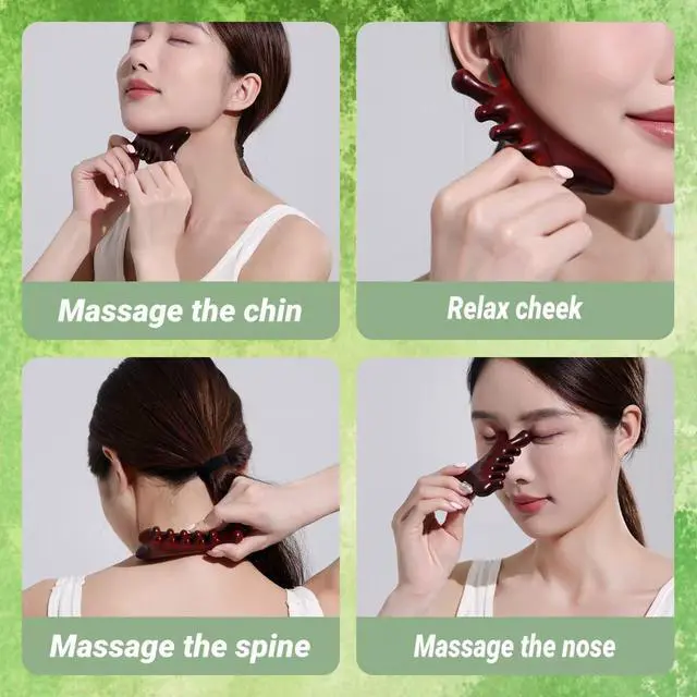 Alt view image 6 of 7 - 4-in-1 Wooden Gua Sha Massage Tool,2Pcs Natural Brown Sandalwood, Face & Body Lymphatic Drainage, Jaw Lifting, Head Massage Comb for Head,Face,Eye,Neck & Body Meridian