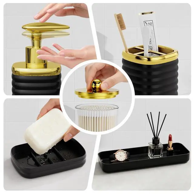 Alt view image 6 of 7 - Bathroom Accessory Set - Gorgeous Bathroom Set, 7PC Black Bathroom Accessories Set, Soap Dispenser, Toothbrush Holder, Qtip Holder Set, Bathroom Accessories Sets Complete for Home