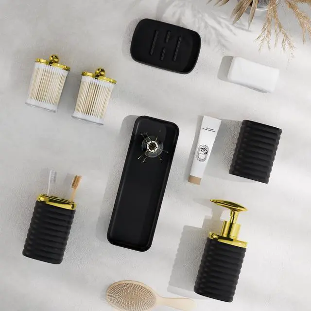 Alt view image 7 of 7 - Bathroom Accessory Set - Gorgeous Bathroom Set, 7PC Black Bathroom Accessories Set, Soap Dispenser, Toothbrush Holder, Qtip Holder Set, Bathroom Accessories Sets Complete for Home