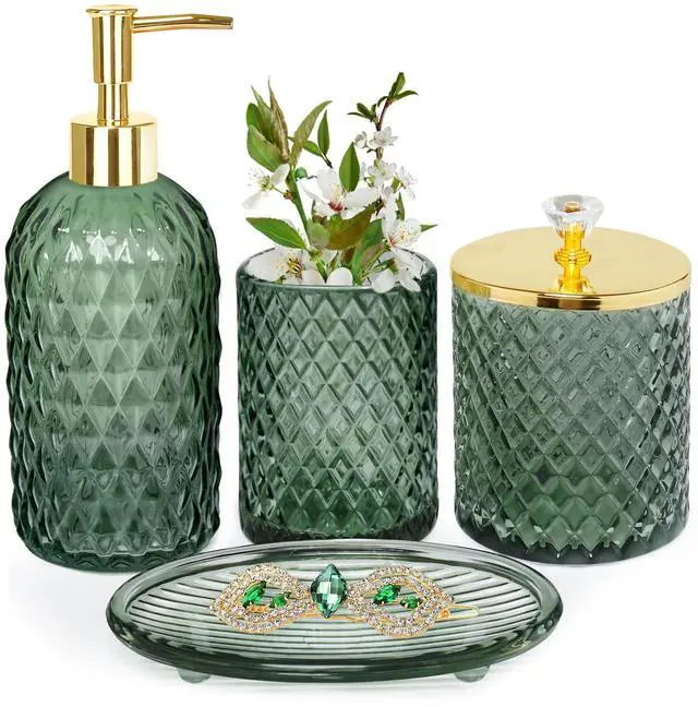 Main image of Bathroom Accessories Set, 4Pcs Sage Green Glass Bathroom Set Complete w/Bathroom Soap Dispenser Set, Toothbrush Holder, Qtip Holder, Soap Dish, Green Bathroom Decor, Gift for Home Apartment
