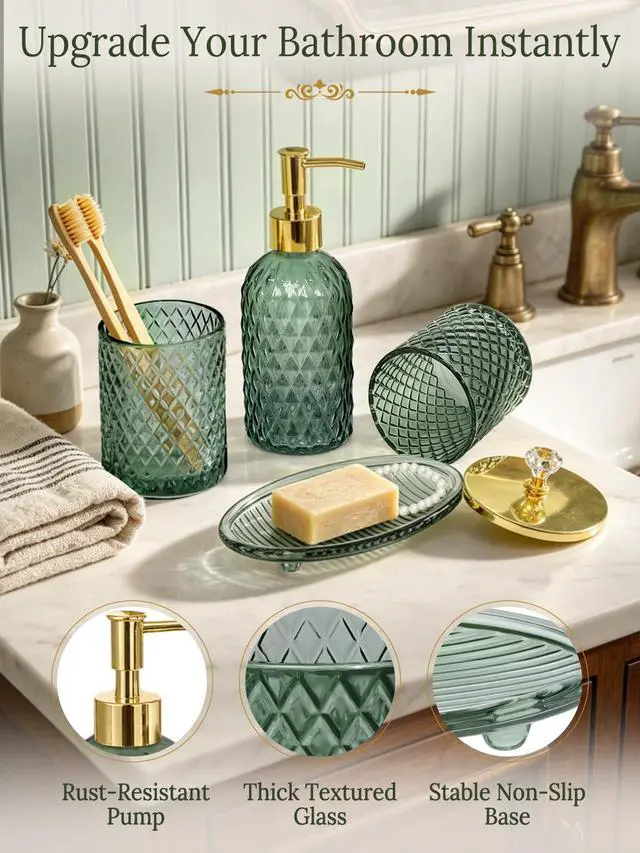 Alt view image 2 of 7 - Bathroom Accessories Set, 4Pcs Sage Green Glass Bathroom Set Complete w/Bathroom Soap Dispenser Set, Toothbrush Holder, Qtip Holder, Soap Dish, Green Bathroom Decor, Gift for Home Apartment