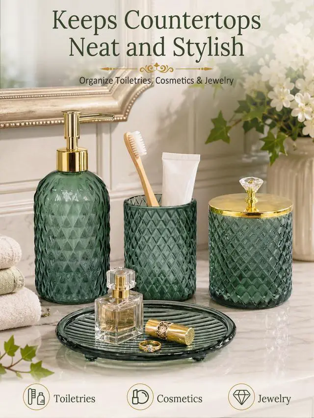 Alt view image 3 of 7 - Bathroom Accessories Set, 4Pcs Sage Green Glass Bathroom Set Complete w/Bathroom Soap Dispenser Set, Toothbrush Holder, Qtip Holder, Soap Dish, Green Bathroom Decor, Gift for Home Apartment