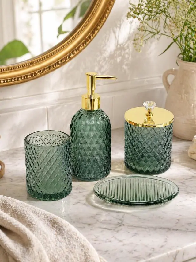 Alt view image 5 of 7 - Bathroom Accessories Set, 4Pcs Sage Green Glass Bathroom Set Complete w/Bathroom Soap Dispenser Set, Toothbrush Holder, Qtip Holder, Soap Dish, Green Bathroom Decor, Gift for Home Apartment