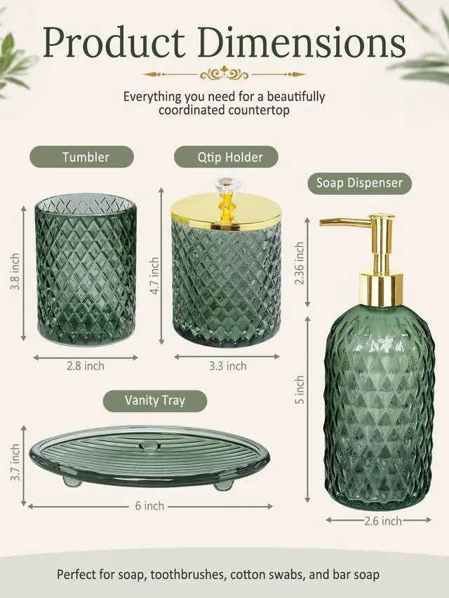 Alt view image 4 of 7 - Bathroom Accessories Set, 4Pcs Sage Green Glass Bathroom Set Complete w/Bathroom Soap Dispenser Set, Toothbrush Holder, Qtip Holder, Soap Dish, Green Bathroom Decor, Gift for Home Apartment