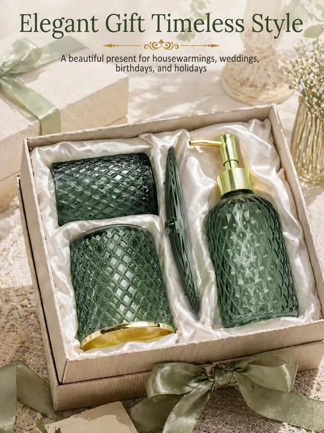 Alt view image 7 of 7 - Bathroom Accessories Set, 4Pcs Sage Green Glass Bathroom Set Complete w/Bathroom Soap Dispenser Set, Toothbrush Holder, Qtip Holder, Soap Dish, Green Bathroom Decor, Gift for Home Apartment