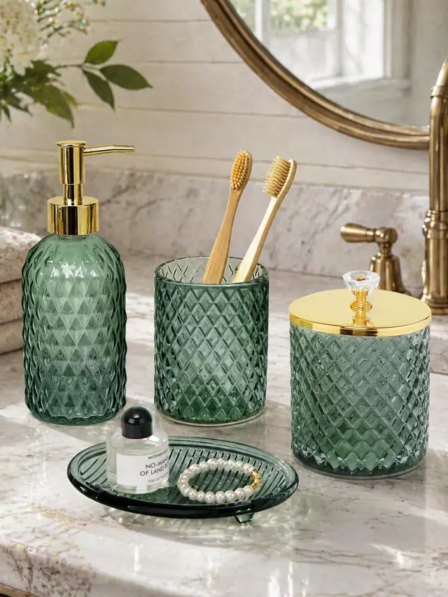 Alt view image 6 of 7 - Bathroom Accessories Set, 4Pcs Sage Green Glass Bathroom Set Complete w/Bathroom Soap Dispenser Set, Toothbrush Holder, Qtip Holder, Soap Dish, Green Bathroom Decor, Gift for Home Apartment