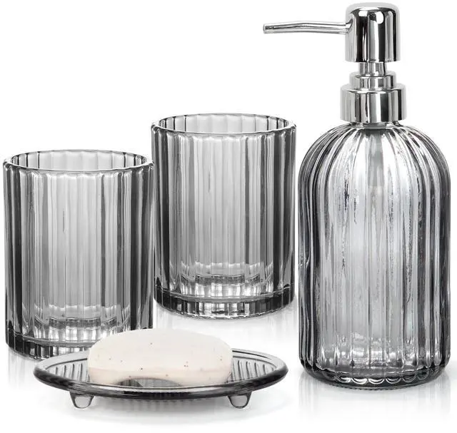 Main image of Bathroom Accessories Set, 4Pcs Black Grey Glass Bathroom Accessories Sets Complete Lotion Soap Dispenser, Toothbrush Holder, Mouthwash Cup, Soap Dish for Bathroom Decor, Countertop Organizer