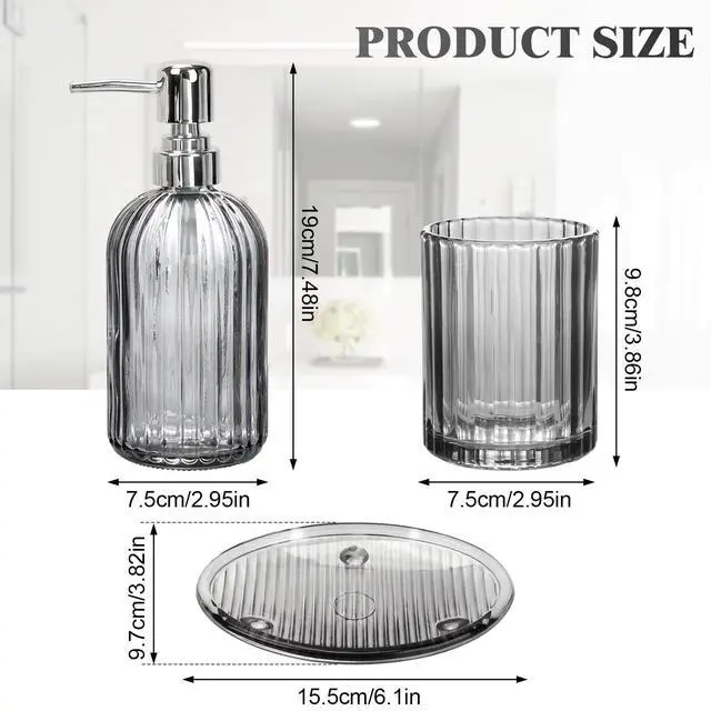 Alt view image 2 of 7 - Bathroom Accessories Set, 4Pcs Black Grey Glass Bathroom Accessories Sets Complete Lotion Soap Dispenser, Toothbrush Holder, Mouthwash Cup, Soap Dish for Bathroom Decor, Countertop Organizer
