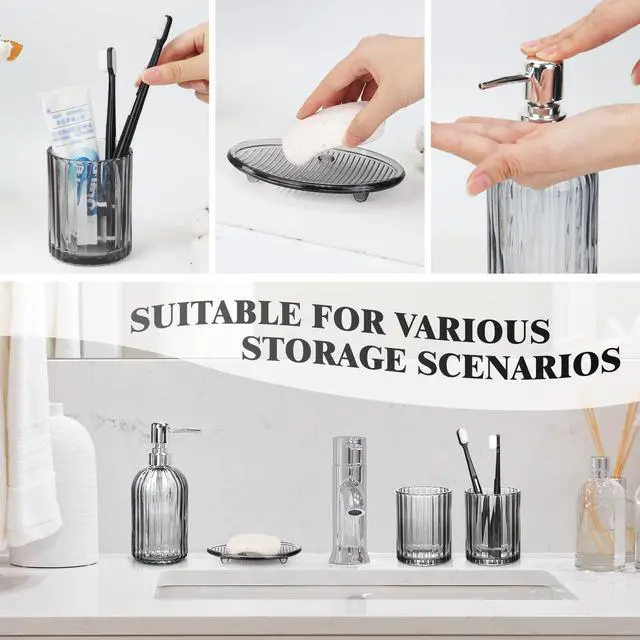 Alt view image 3 of 7 - Bathroom Accessories Set, 4Pcs Black Grey Glass Bathroom Accessories Sets Complete Lotion Soap Dispenser, Toothbrush Holder, Mouthwash Cup, Soap Dish for Bathroom Decor, Countertop Organizer