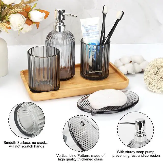 Alt view image 4 of 7 - Bathroom Accessories Set, 4Pcs Black Grey Glass Bathroom Accessories Sets Complete Lotion Soap Dispenser, Toothbrush Holder, Mouthwash Cup, Soap Dish for Bathroom Decor, Countertop Organizer