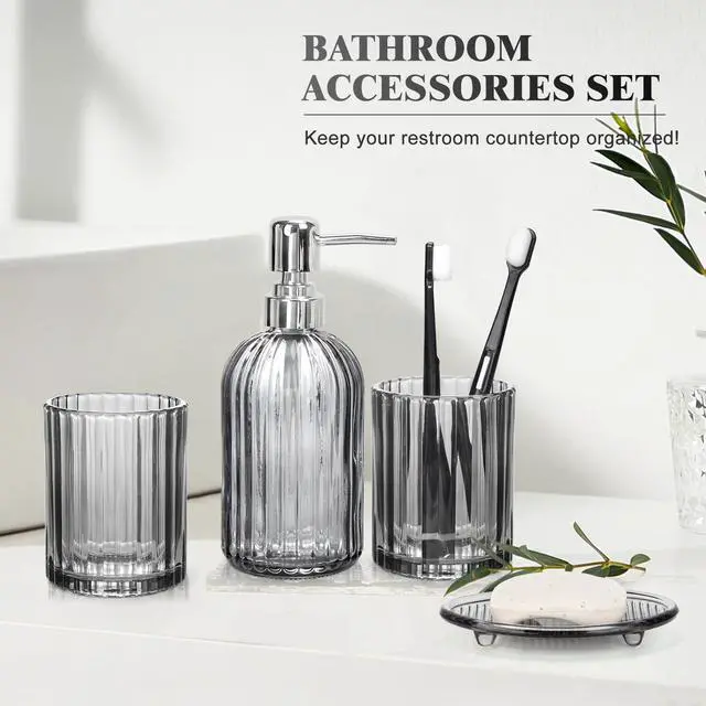 Alt view image 6 of 7 - Bathroom Accessories Set, 4Pcs Black Grey Glass Bathroom Accessories Sets Complete Lotion Soap Dispenser, Toothbrush Holder, Mouthwash Cup, Soap Dish for Bathroom Decor, Countertop Organizer