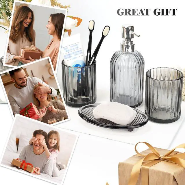 Alt view image 5 of 7 - Bathroom Accessories Set, 4Pcs Black Grey Glass Bathroom Accessories Sets Complete Lotion Soap Dispenser, Toothbrush Holder, Mouthwash Cup, Soap Dish for Bathroom Decor, Countertop Organizer