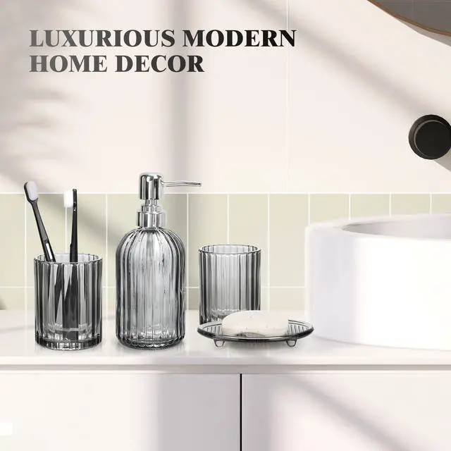 Alt view image 7 of 7 - Bathroom Accessories Set, 4Pcs Black Grey Glass Bathroom Accessories Sets Complete Lotion Soap Dispenser, Toothbrush Holder, Mouthwash Cup, Soap Dish for Bathroom Decor, Countertop Organizer